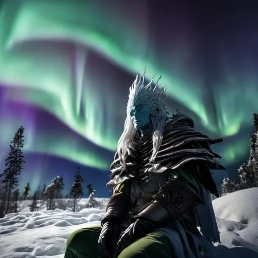 Prompt: Nameless king with close up sitting in a beautiful pine forest with a bonfire with norther lights in the background 