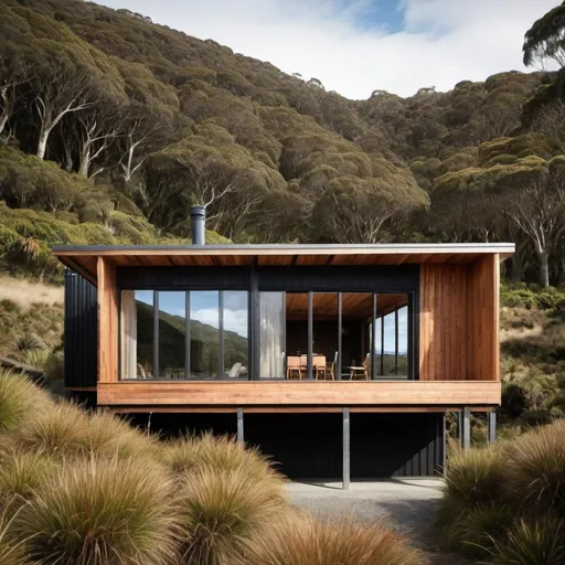 Prompt: can you generate the image of an architecturally designed cabin that is surrounded in native new zealand bush and looks out over the sea? Use timber cladding and iron roofing and the interior building footprint should only be 30m^2 and it needs to cater for couples weekend getaways and also wedding ceremony and such celebrations