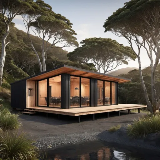 Prompt: can you generate the image of an architecturally designed cabin that is surrounded in native new zealand bush and looks out over the sea? Use timber cladding and iron roofing and the interior building footprint should only be 30m^2