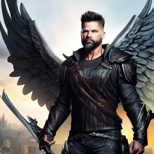 Prompt: Masculine male angel warrior christian with beard, middle aged, fully clothed, age 50