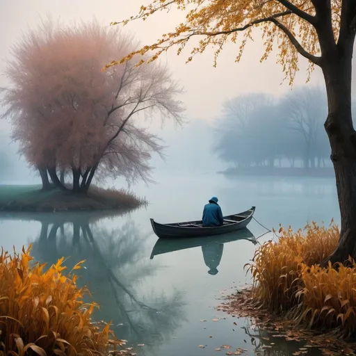 Prompt: The lonely man in autumn
Blue autumn mists undulate over the lake;
the grass stands stiff with frost;
One might think an artist had strewn jade dust
over all the fine blossoms.

The sweet fragrance of flowers has flown away;
a cold wind forces them to bow their stems low.
Soon the wilted golden leaves
of lotus flowers will drift upon the water.

My heart is weary. My small lamp
has gone out with a sputter;
it urges me to sleep.
I am coming to you, familiar place of rest!
Yes, give me rest - I have need of comfort.

I weep much in my solitudes.
The autumn in my heart is lasting too long.
Sun of love, will you never shine again,
gently to dry my bitter tears?