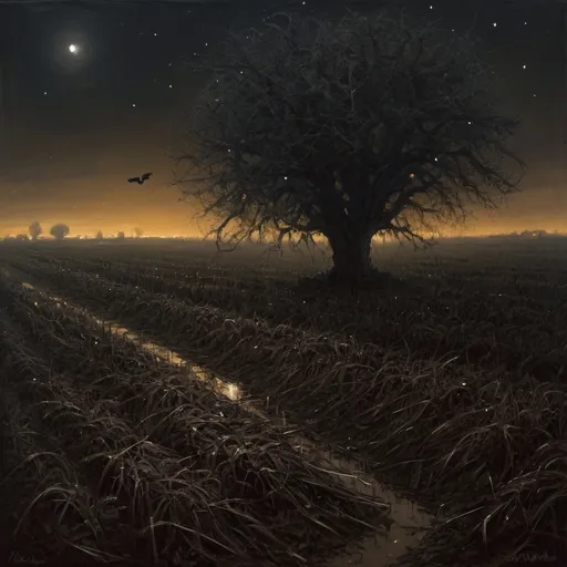 Prompt: painting of: De Profundis
It is a stubble field, where a black rain is falling.
It is a brown tree, that stands alone.
It is a hissing wind, that encircles empty houses.
How melancholy the evening is.
A while later,
The soft orphan garners the sparse ears of corn.
Her eyes graze, round and golden, in the twilight
And her womb awaits the heavenly bridegroom.
On the way home
The shepherd found the sweet body
Decayed in a bush of thorns.
I am a shadow far from darkening villages.
I drank the silence of God
Out of the stream in the trees.
Cold metal walks on my forehead.
Spiders search for my heart.
It is a light that goes out in my mouth.
At night, I found myself on a pasture,
Covered with rubbish and the dust of stars.
In a hazel thicket
Angels of crystal rang out once more.