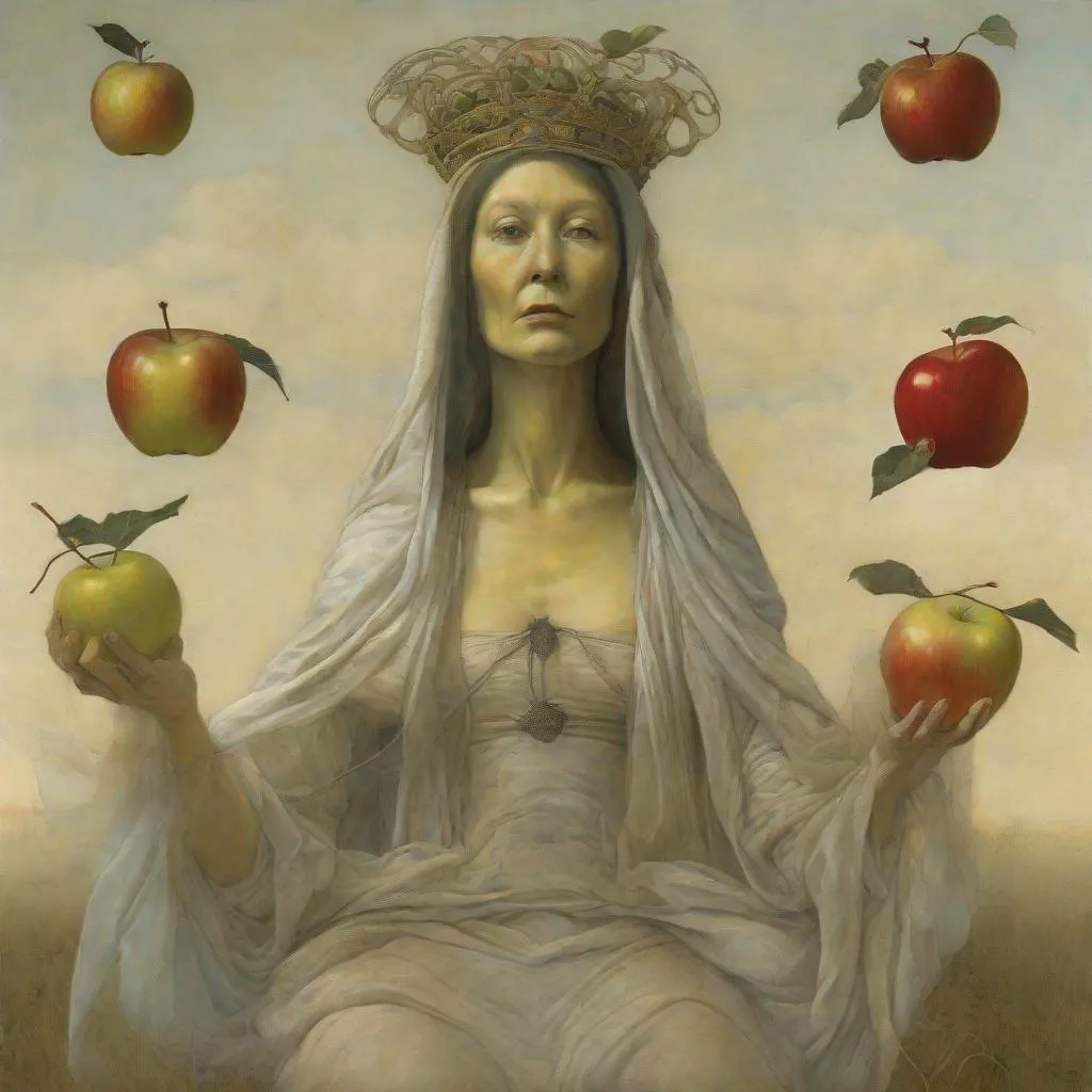 Prompt: The Queen of Apples , painted by Botticelli and Beksinski and Dali and Magrite