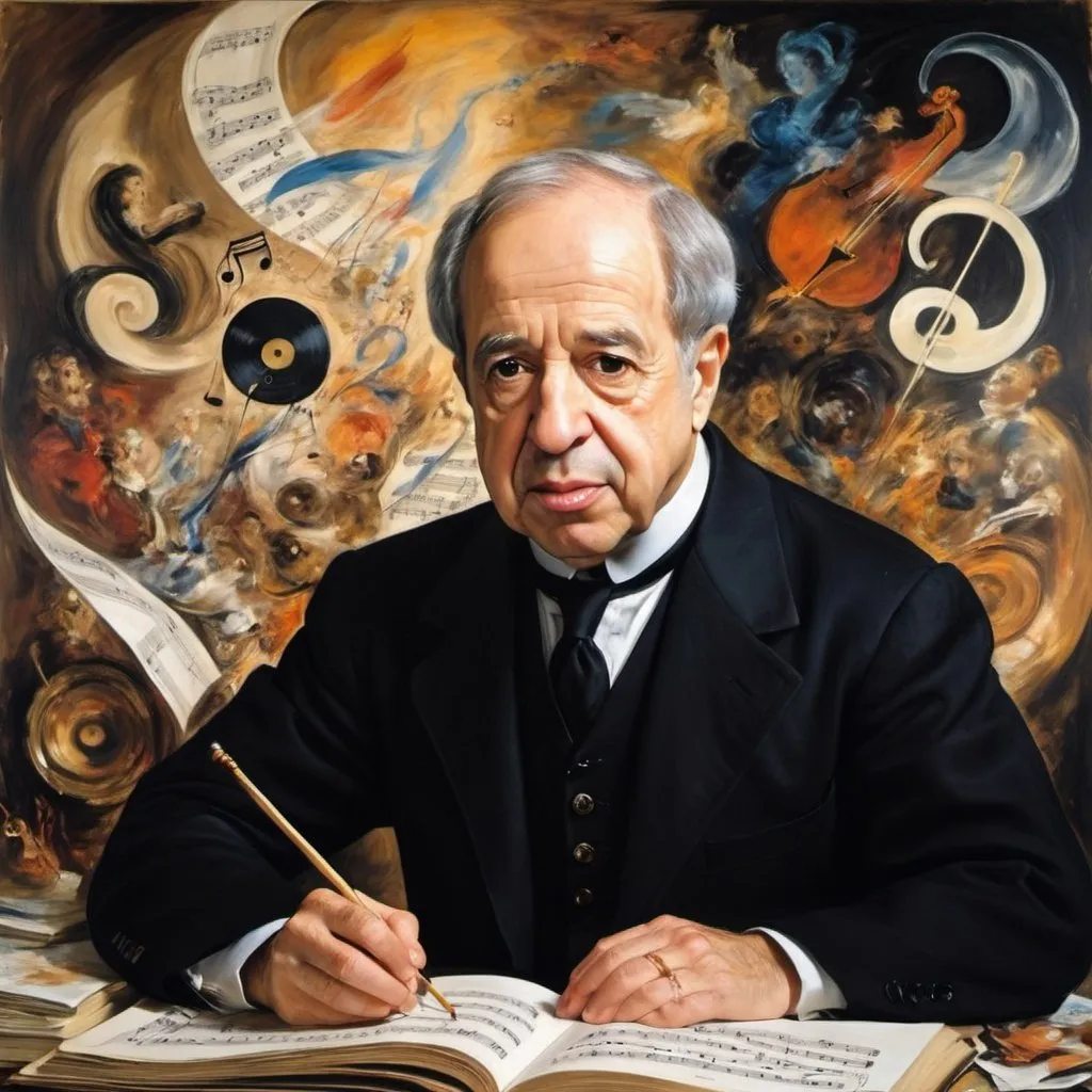 Prompt: Rubens and Manet painting of Contemporary French composer Pierre Boulez as the archmage of new music, surrounded by the feeling of his compositiions