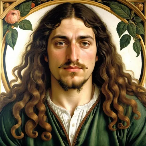 Prompt: An over-exited, exalted, hypomanic, nervous, working, Uruguayan-italian fat long haired guy, composer, plant guy, chemistry guy, painted by Botticelli and Rubens and Klimt and Moreau