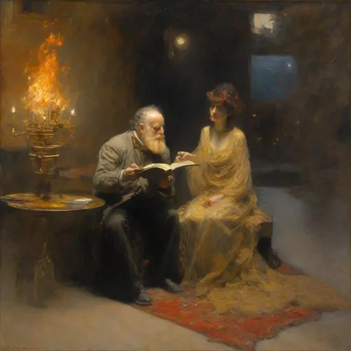 Prompt: Symbolist, Impressionist, fin de siècle, oil painting of Poème de l'extase et Promethee le poeme du feu et Éclairs sur l'Au-Delà... , Iliá Repin and James McNeill Whistler and Claude Monet