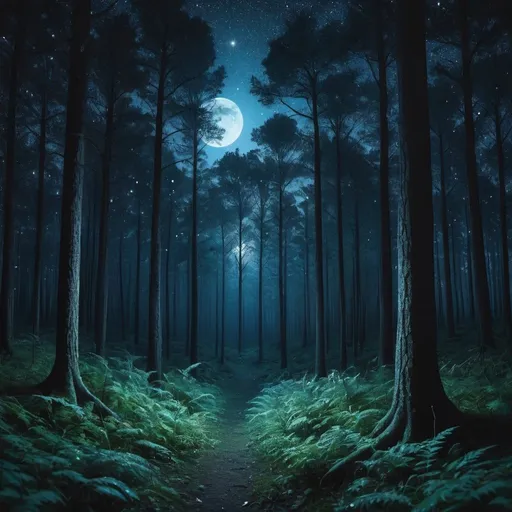 Prompt: shimmering forest at midnight without moon