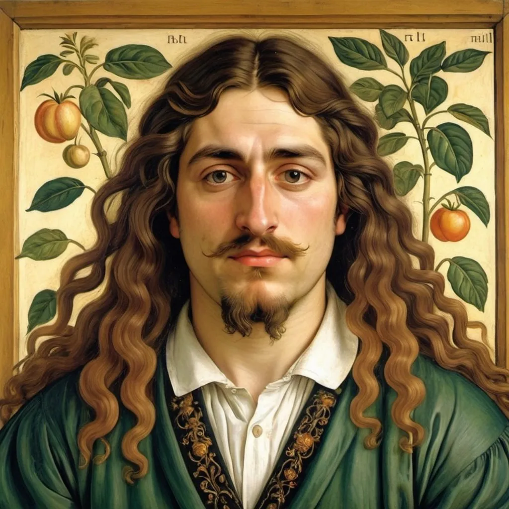 Prompt: An over-exited, exalted, hypomanic, nervous, working, Uruguayan-italian fat long haired guy, composer, plant guy, chemistry guy, painted by Botticelli and Rubens and Klimt and Moreau