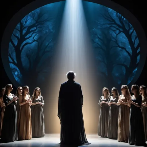 Prompt: Wagner's Parsifal Act 2, In the realm of Wagner's symphonic tapestry, Act 2 of Parsifal unfolds as an ethereal journey, weaving threads of emotion and melody into a sublime tableau. As the curtain rises, the stage is bathed in a soft, celestial glow, casting shadows that dance to the rhythm of unseen melodies.

The music, like a tempestuous sea, surges and recedes with a primal force, stirring the soul to heights unknown. Each note, a shimmering cascade of sound, echoes through the hallowed halls of consciousness, resonating with the deepest recesses of the human spirit.

In this enchanted realm, time loses its meaning, and space becomes a fluid canvas upon which the music paints its vivid hues. Harmonies intertwine like vines in a lush garden, blooming with fragrant melodies that intoxicate the senses.

Amidst this symphonic tapestry, figures emerge, their movements fluid and graceful, as if guided by invisible strings. Their gestures speak volumes, conveying emotions that words cannot capture. They are the embodiment of the music itself, their every breath a testament to its power and majesty.

And as the music reaches its crescendo, the scene is bathed in a radiant light, illuminating the beauty and wonder of this mystical world. Here, in the heart of Wagner's masterpiece, one finds solace, transcendence, and the timeless embrace of music's eternal embrace.