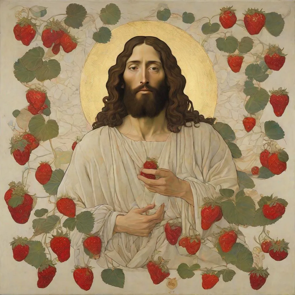 Prompt: Portrait of Jesus Christ but sensuous, wild strawberries, Whistler, Botticelli, Klimt, Hokusai, Kiyochika 