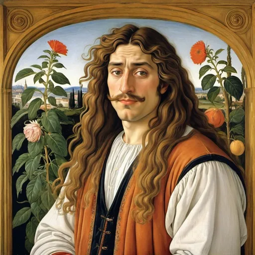 Prompt: An over-exited, exalted, hypomanic, nervous, working, Uruguayan-italian fat long haired guy, composer, plant guy, chemistry guy, painted by Botticelli and Rubens and Klimt and Moreau