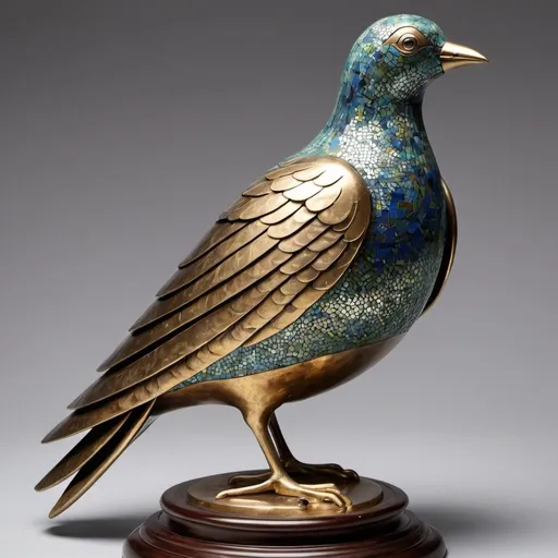 Prompt: The image depicts a beautifully crafted metallic bird sculpture mounted on a circular base. Here are the detailed observations:

Bird Sculpture:

Form: The bird is crafted to resemble a pigeon or dove, with intricate detailing on its body, wings, and tail.
Material: The sculpture appears to be made of metal, likely a combination of brass or bronze, and is adorned with gold and colorful enamels.
Design Details:
The bird's body features a mosaic-like pattern with scales or feathers highlighted in gold.
The wings and tail are elaborately detailed with inlaid colored enamels, giving them a vibrant appearance.
The bird's eyes are also detailed, adding to the realism of the sculpture.
Base:

Shape: The base is circular and flat, providing stability for the bird sculpture.
Material and Design: Similar to the bird, the base is likely made of metal with golden elements. It has a series of vertical elements around the perimeter, which might be decorative or functional.
Pattern: The base appears to have a hammered or textured finish, adding to the overall artistic appeal.
Overall Aesthetic:

The combination of metal, gold, and colorful enamels gives the sculpture a luxurious and artistic feel.
The craftsmanship suggests that it could be an antique piece or a work of fine art, possibly from a particular historical period or cultural heritage.
The detailed craftsmanship and use of materials suggest that this piece could be a significant decorative or ceremonial object.