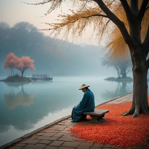 Prompt: The lonely man in autumn
Blue autumn mists undulate over the lake;
the grass stands stiff with frost;
One might think an artist had strewn jade dust
over all the fine blossoms.

The sweet fragrance of flowers has flown away;
a cold wind forces them to bow their stems low.
Soon the wilted golden leaves
of lotus flowers will drift upon the water.

My heart is weary. My small lamp
has gone out with a sputter;
it urges me to sleep.
I am coming to you, familiar place of rest!
Yes, give me rest - I have need of comfort.

I weep much in my solitudes.
The autumn in my heart is lasting too long.
Sun of love, will you never shine again,
gently to dry my bitter tears?