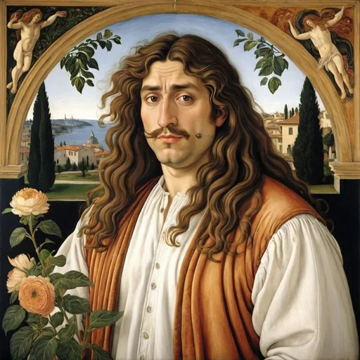 Prompt: An over-exited, exalted, hypomanic, nervous, working, Uruguayan-italian fat long haired guy, composer, plant guy, chemistry guy, painted by Botticelli and Rubens and Klimt and Moreau