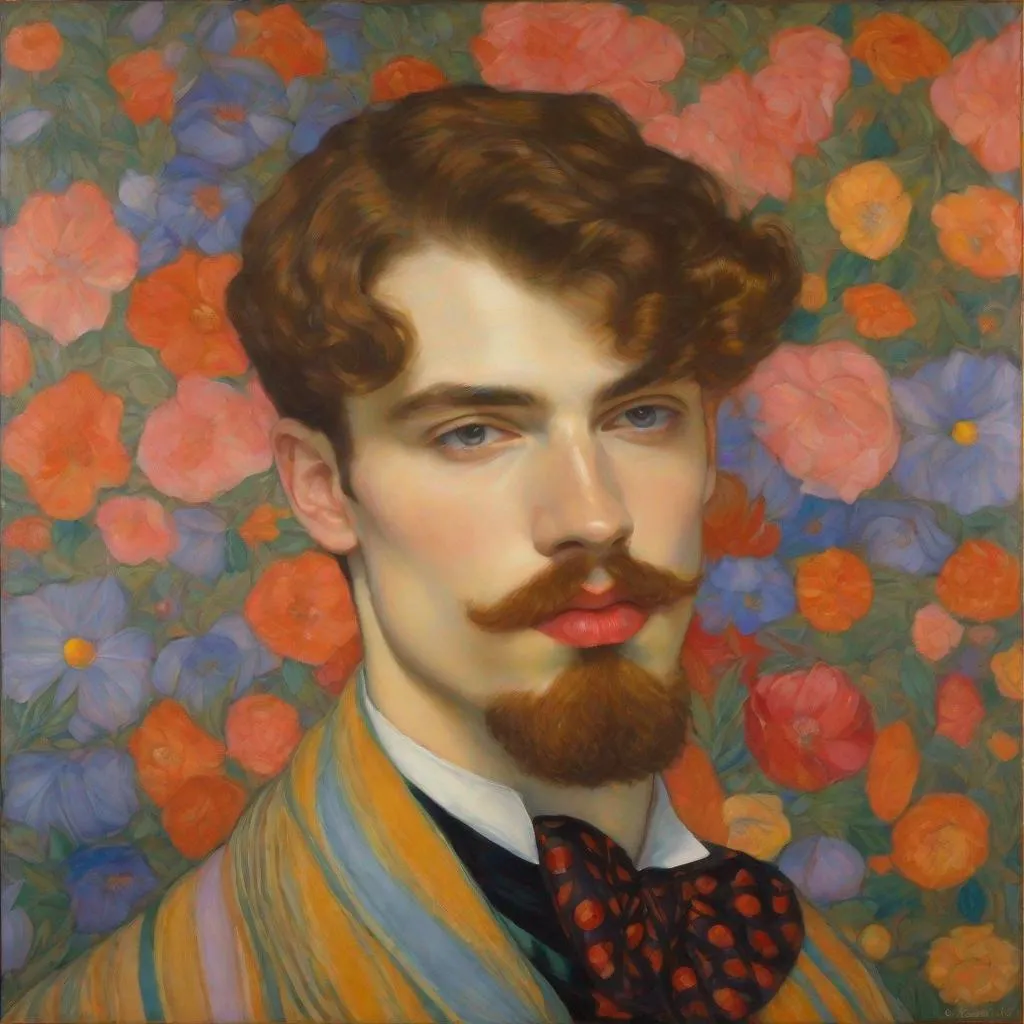 Prompt: Painting of a gay man with juicy lips, Klimt influenced by the Pre-Raphaelites and Impressionists like Everett Millais and Dante Gabriel Rossetti and Frederic Leighton and Manet and Monet and Renoir and Pissarro and Alfred Sisley