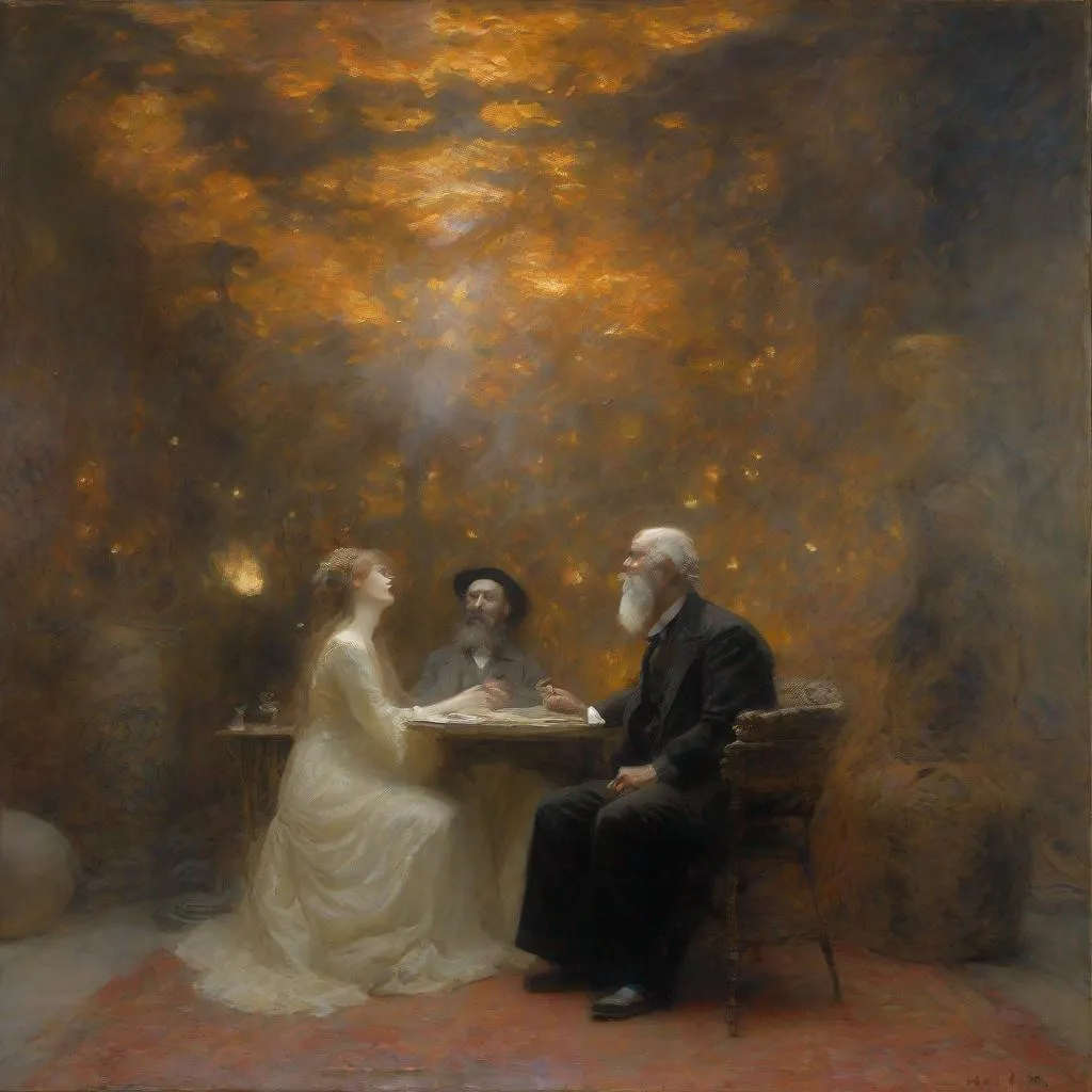 Prompt: Symbolist, Impressionist, fin de siècle, oil painting of Poème de l'extase et Promethee le poeme du feu et Éclairs sur l'Au-Delà... , Iliá Repin and James McNeill Whistler and Claude Monet