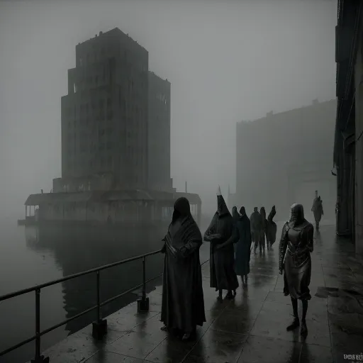 Prompt: Group of hooded and masked cultists in the harbor of a post-apocalyptic port city with a 1920s, art deco atmosphere.