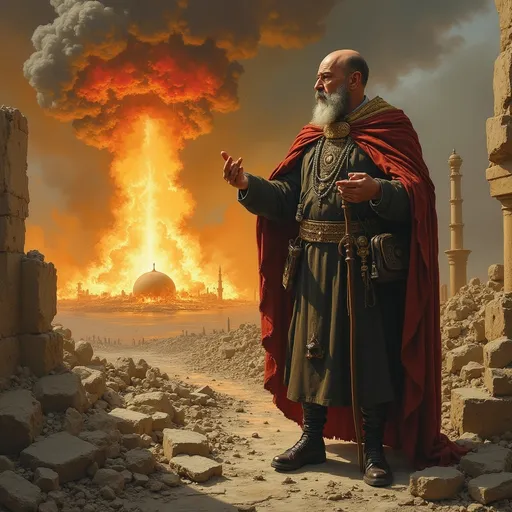 Prompt: vorrei giulio andreotti come un icona bizantina, contestualizzato in un inferno, di detriti e rovine dopo un esplosione a gaza 