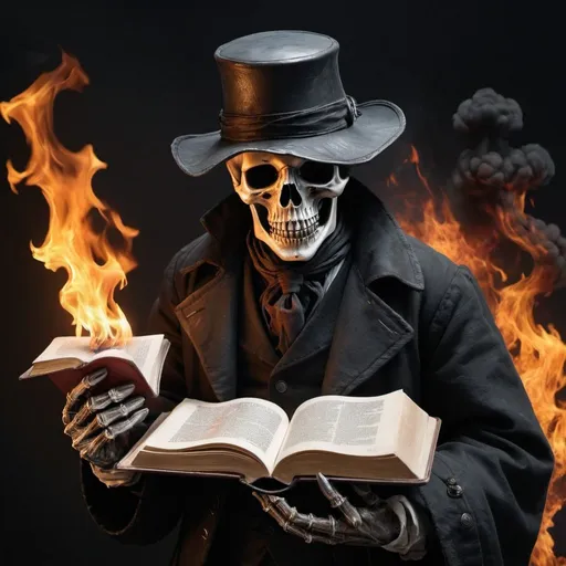 Prompt: Death the ripper hyper realistic. holding its weapon in one hand and a book in the other and surronded by fire and books





