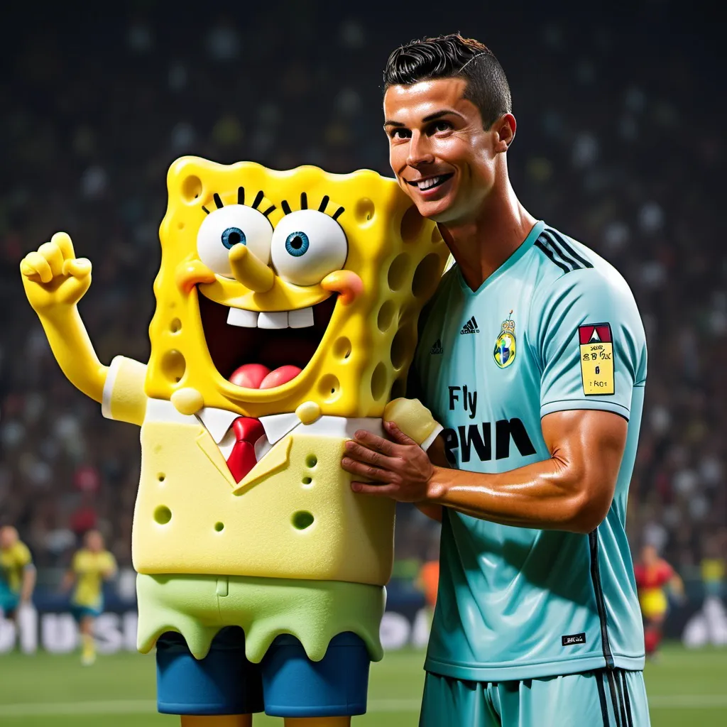 Prompt: i need a image of cristiano ronaldo and sponge bob hugging