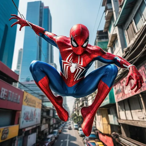 Prompt: Spider-Man swinging through Bangkok, comic book style, vibrant and dynamic, vibrant colors, detailed web-shooting pose, iconic red and blue suit, energetic motion lines, bustling cityscape below, iconic spider emblem, high quality, comic book style, dynamic composition, vivid colors, detailed webbing, energetic pose, Bangkok cityscape, detailed and iconic
