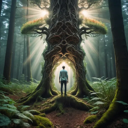 Prompt: Man turning into a tree with plants reaching to him, stood in the middle of forest, psychedelic mushrooms, beam of light, gnarly trees, becoming one with nature 