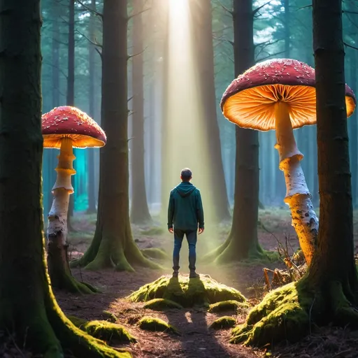 Prompt: A man stood alone in forest gnarly trees colourful mushrooms, beam of light through trees 