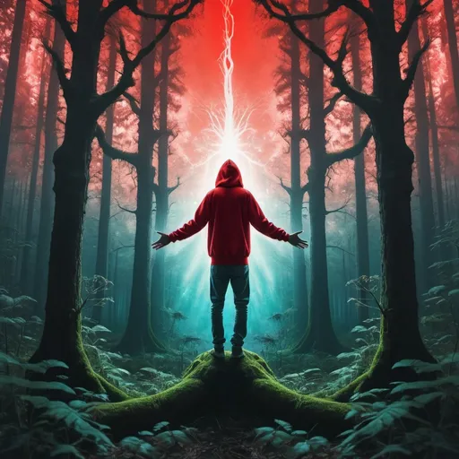 Prompt: A silhouette  of man in a red hoodie floating in a forest, arms open,  gnarly trees, beam of light  through the trees, psychedelic mushrooms 