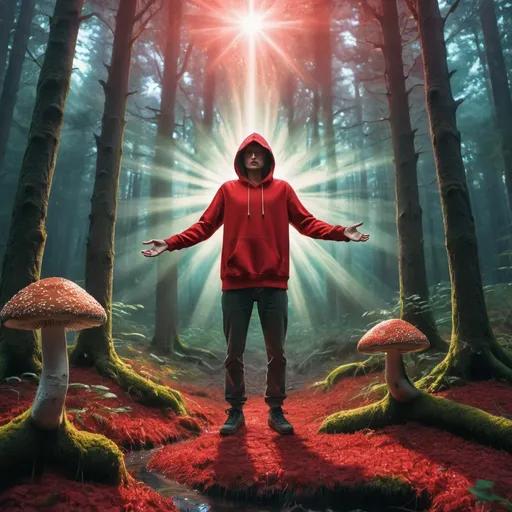 Prompt: A man in a red hoodie floating in a forest, arms open,  gnarly trees, beam of light  through the trees, psychedelic mushrooms 