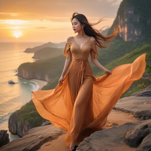 Prompt: (Beautiful Thai woman), elegant long flowing gossamer dress, dramatic wind-blown movement, perched on a rugged cliff top, vibrant sunset colors illuminating the sky, serene sea and beach below, warm golden hues, breathtaking scenery, soft romantic ambiance, vivid details, high depth cinematic masterpiece, ultra-detailed, atmospheric setting.