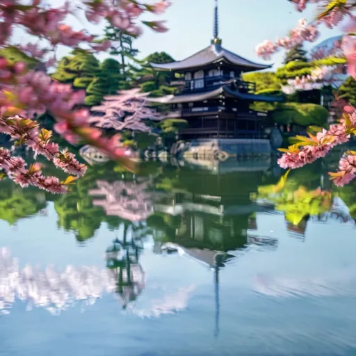 Prompt: (Japanese lake landscape), serene waters reflecting pastel colors, delicate cherry blossom trees in full bloom, iconic traditional temple nestled among the foliage, tranquil ambiance, soft lighting illuminating the scene, high details showcasing natural beauty, peaceful atmosphere, perfect for nature lovers, (high quality, 4K, ultra-detailed)