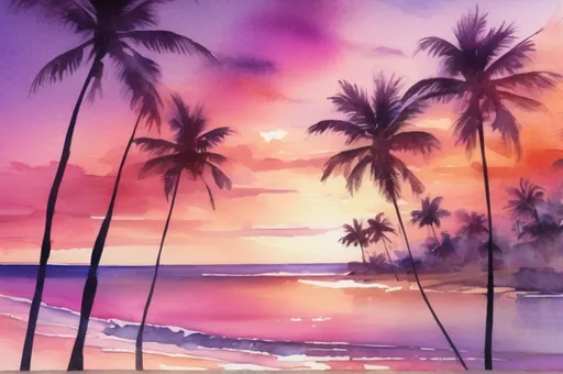 Prompt: (watercolor illustration) tropical beach scene, vibrant hues of orange, pink, and purple in the sky, gentle waves lapping at the shore, palm trees swaying in the breeze, tranquil atmosphere, serene reflections on the water, sun setting on the horizon, soft textures, dreamy ambiance, high-quality, ultra-detailed rendering, warm color tones, inviting and peaceful setting.