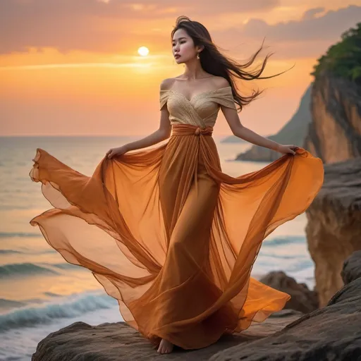 Prompt: (Beautiful Thai woman), elegant long flowing gossamer dress, dramatic wind-blown movement, perched on a rugged cliff top, vibrant sunset colors illuminating the sky, serene sea and beach below, warm golden hues, breathtaking scenery, soft romantic ambiance, vivid details, high depth cinematic masterpiece, ultra-detailed, atmospheric setting.