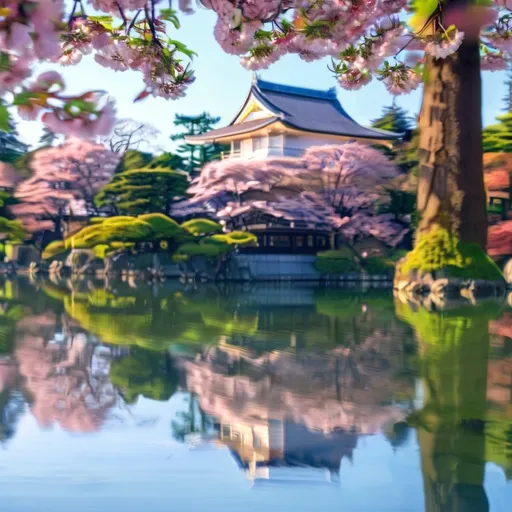 Prompt: (Japanese lake landscape), serene waters reflecting pastel colors, delicate cherry blossom trees in full bloom, iconic traditional temple nestled among the foliage, tranquil ambiance, soft lighting illuminating the scene, high details showcasing natural beauty, peaceful atmosphere, perfect for nature lovers, (high quality, 4K, ultra-detailed)