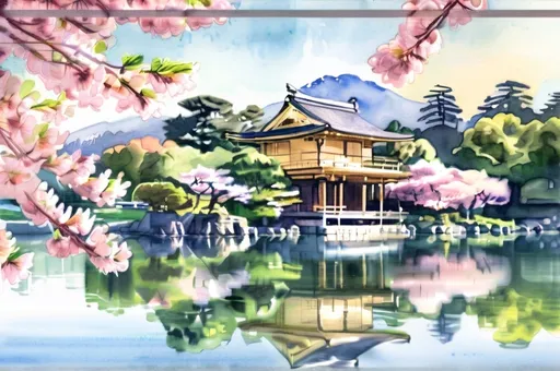 Prompt: Watercolour illustration (Japanese lake landscape), serene waters reflecting pastel colors, delicate cherry blossom trees in full bloom, iconic traditional temple nestled among the foliage, tranquil ambiance, soft lighting illuminating the scene, high details showcasing natural beauty, peaceful atmosphere, perfect for nature lovers,