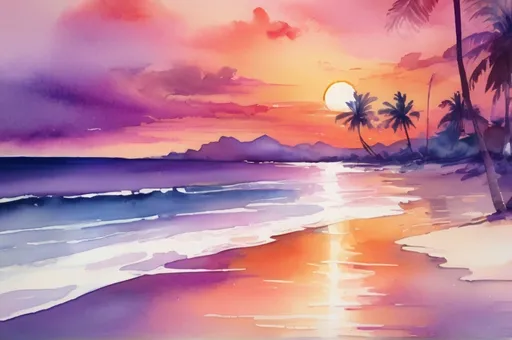 Prompt: (watercolor illustration) tropical beach scene, vibrant hues of orange, pink, and purple in the sky, gentle waves lapping at the shore, palm trees swaying in the breeze, tranquil atmosphere, serene reflections on the water, sun setting on the horizon, soft textures, dreamy ambiance, high-quality, ultra-detailed rendering, warm color tones, inviting and peaceful setting.