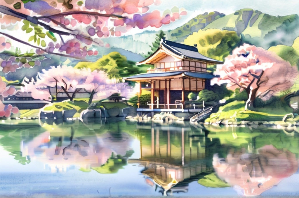 Prompt: Watercolour illustration (Japanese lake landscape), serene waters reflecting pastel colors, delicate cherry blossom trees in full bloom, iconic traditional temple nestled among the foliage, tranquil ambiance, soft lighting illuminating the scene, high details showcasing natural beauty, peaceful atmosphere, perfect for nature lovers,