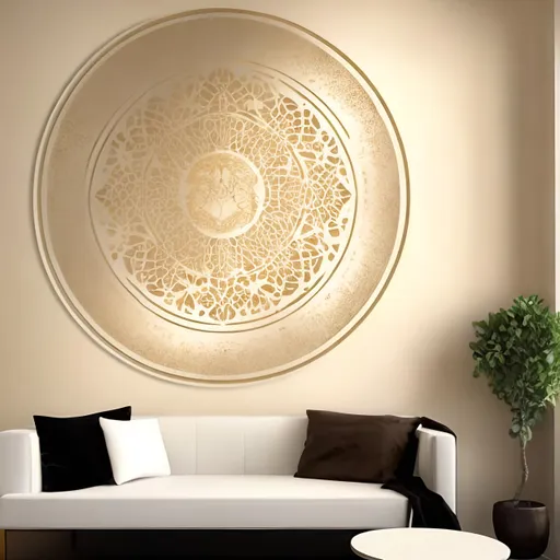 Prompt: A wall that has a light cream color texture and a round stencil design in the middle and is designed with gold leaf.