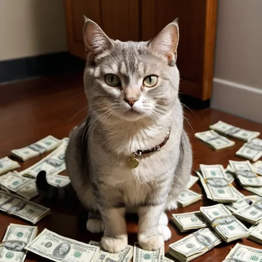 Prompt: A cat standing with dollars in his hands