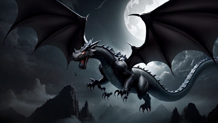 Prompt: Giant dragon, matte black, flying, night, dark, 8k