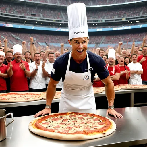 Prompt: "Cristiano Ronaldo, wearing a chef's hat and apron, cooking a giant pizza in a stadium kitchen, with fans cheering in the background."