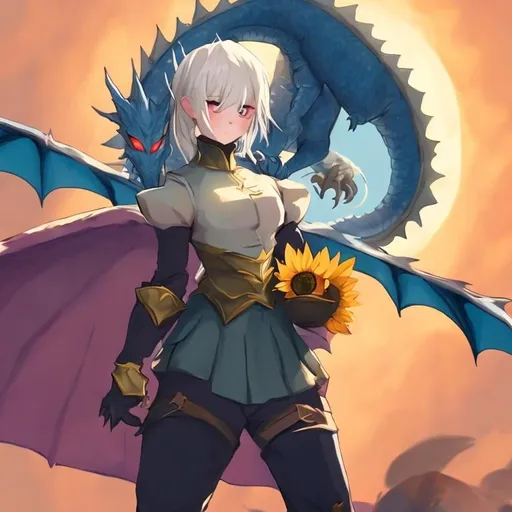 Prompt: sunflower young dragon tamer, imposing pose