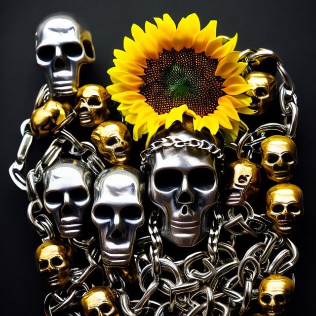 Prompt: Sunflower man jailer, small skulls with sunflowers, silver chains, golden dust, green highlights, golden light, golden clothes, evil eyes, dark aura, scary 