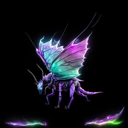 Prompt: toxic purple beast with a long white tail, blue peacful face, insect white wings, terrifying butterfly face, red horns, purple collar, wildness, imposing, poisonous creature, blue abdomen tail, light blue scales, pink toxic spykes in the abdomen, imposing pose, magical, big, 4K resolution, artstation, highly detailed, artgerm, by wlop, volumetric lighting, octane render, trending on artstation, masterpiece, fantastic, powerful, scary, intimidating, terrifying