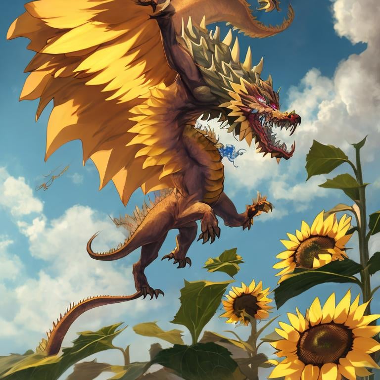 Prompt:  Sunflower dragon beast, flying