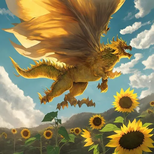 Prompt:  Sunflower dragon beast, flying over the sunflower forest