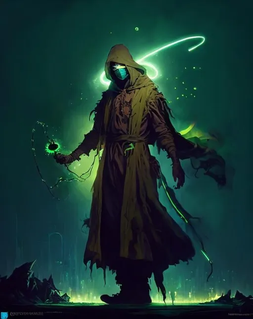 Prompt: A plague sunflower doctor with a dark green wizard robes as a d & d character, green robe, merchant, magical, green neon higlights, hip hop concept aesthetic, green evil aura, concept sheet, painting by gaston bussiere, dramatic lighting, purple lighting, neon green whip, toxic, poison, doctor, neon dark green atmosphere