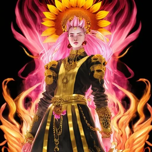 Prompt: Sunflower jailer, golden clothes, red highlights, black lights, pink robe, golden and silver chains, sunflowers with pink fire aura, concept, silver and golden details, pink belt, detailed, pink hair