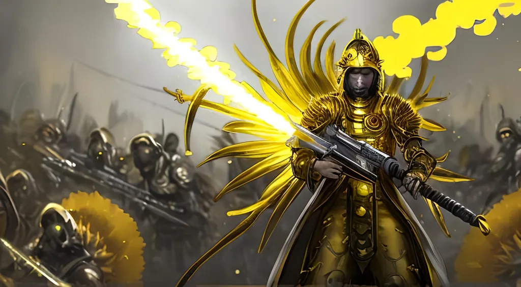 Prompt: Sunflower jailer, golden yellow clothes, yellow highlights, yellow lights, golden yellow robe, golden and silver belt, sunflowers with yellow aura, concept, silver and golden vest, detailed, yellow golden bazooka, blonde hair, machine gun, tank, crossbow, fire, war, smoke