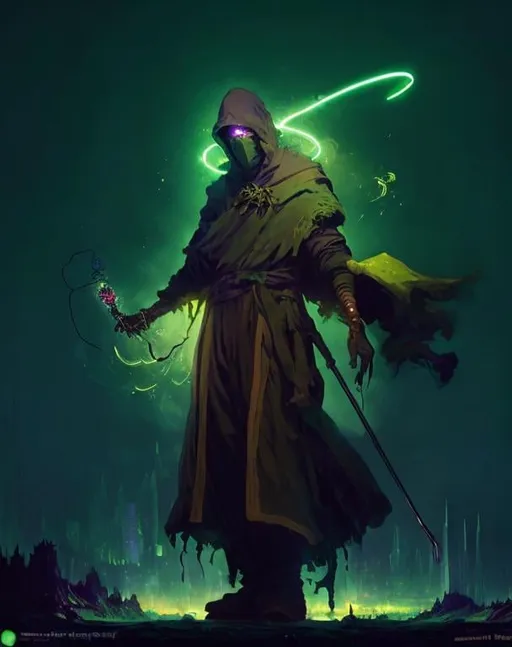 Prompt: A plague sunflower doctor with a dark green wizard robes as a d & d character, green robe, merchant, magical, green neon higlights, hip hop concept aesthetic, green evil aura, concept sheet, painting by gaston bussiere, dramatic lighting, purple lighting, neon green whip, toxic, poison, doctor, neon dark green atmosphere